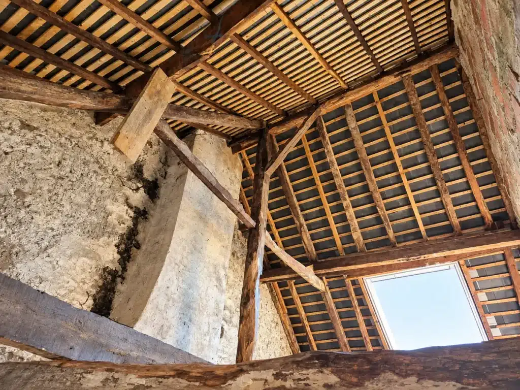 Charpente traditionnelle en bois et préparation du traitement de bois avant travaux d'isolation à Fougères (35)