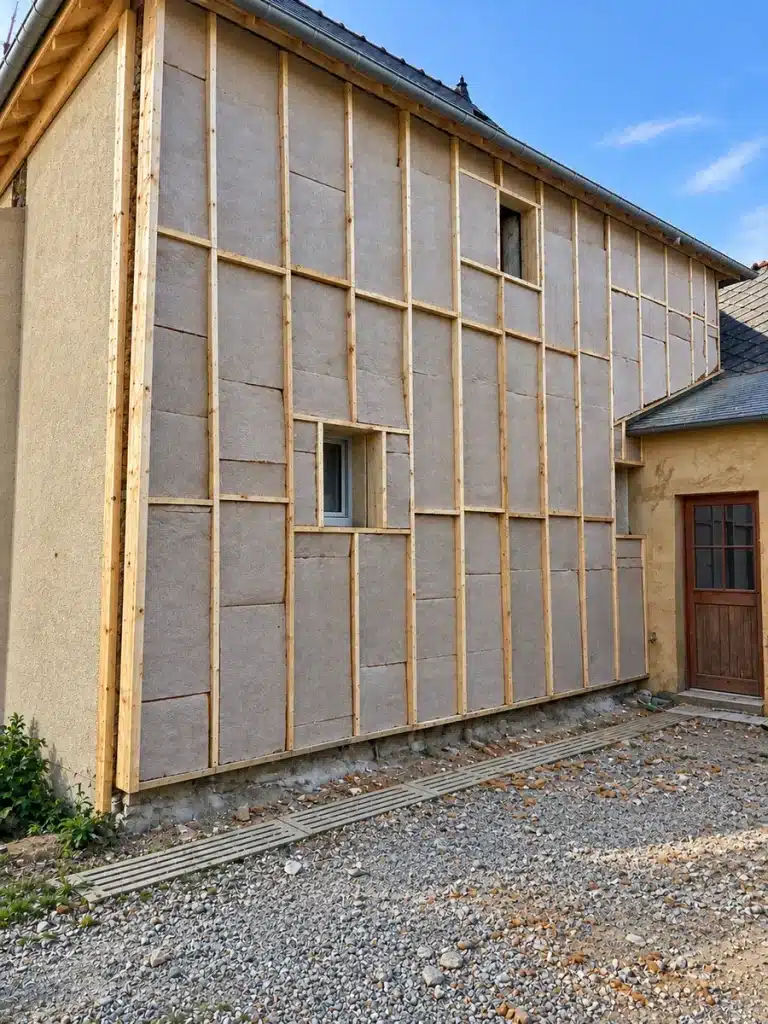 Chantier d'isolation thermique par l'extérieur d'une maison à Vitré avec panneaux isolants et ossature bois.