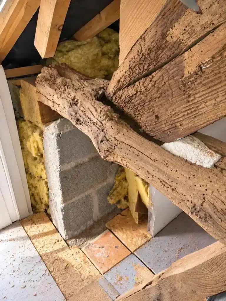 Détail d'une charpente ancienne en bois attaquée par des insectes xylophages à Fougères (35).
