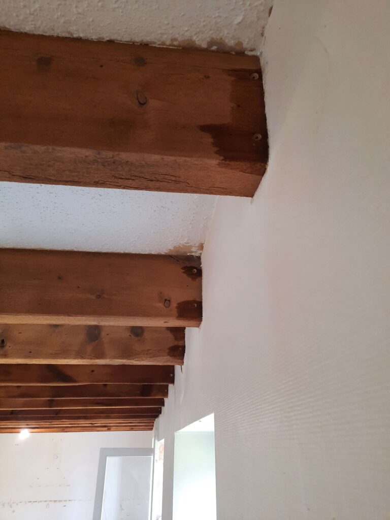 Injecteurs posés dans des solives pour un traitement bois par injection, au niveau de l'encastrement dans le mur